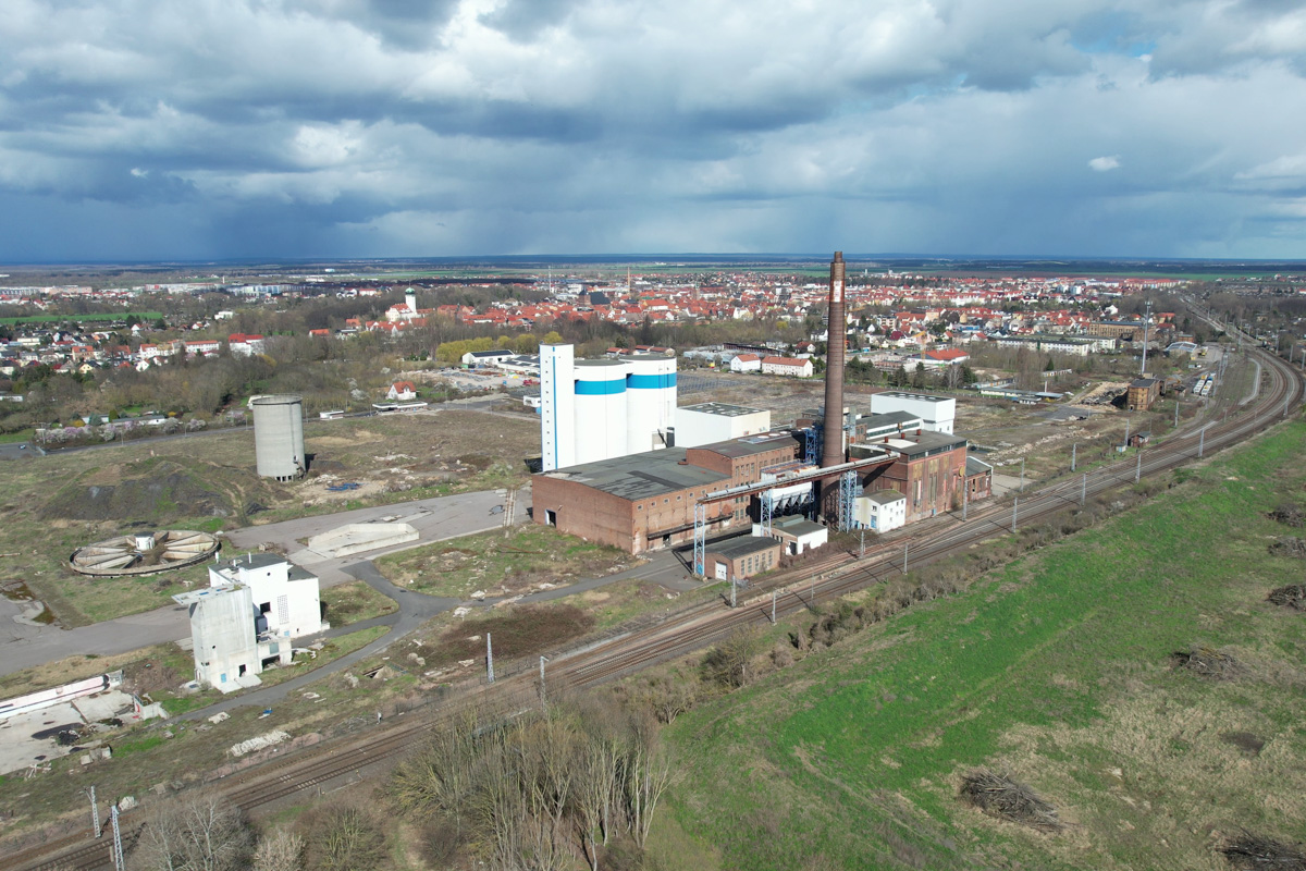Drohnenaufnahme des Zuckerfabrik-Areals in Delitzsch